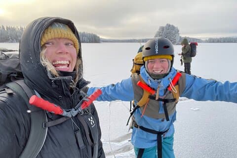 Happy girls thrilled to skate over nice ice.