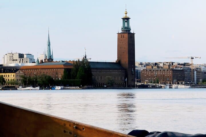View of Stadshuset from Stockholm's lakes.